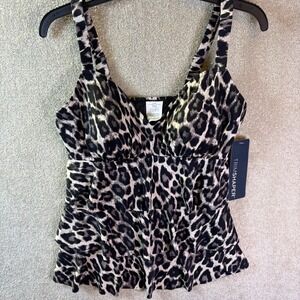 Trimshaper Tankini Swim Top Womens 12 Brown Leopard Leona Tiered Ruffle 60202175